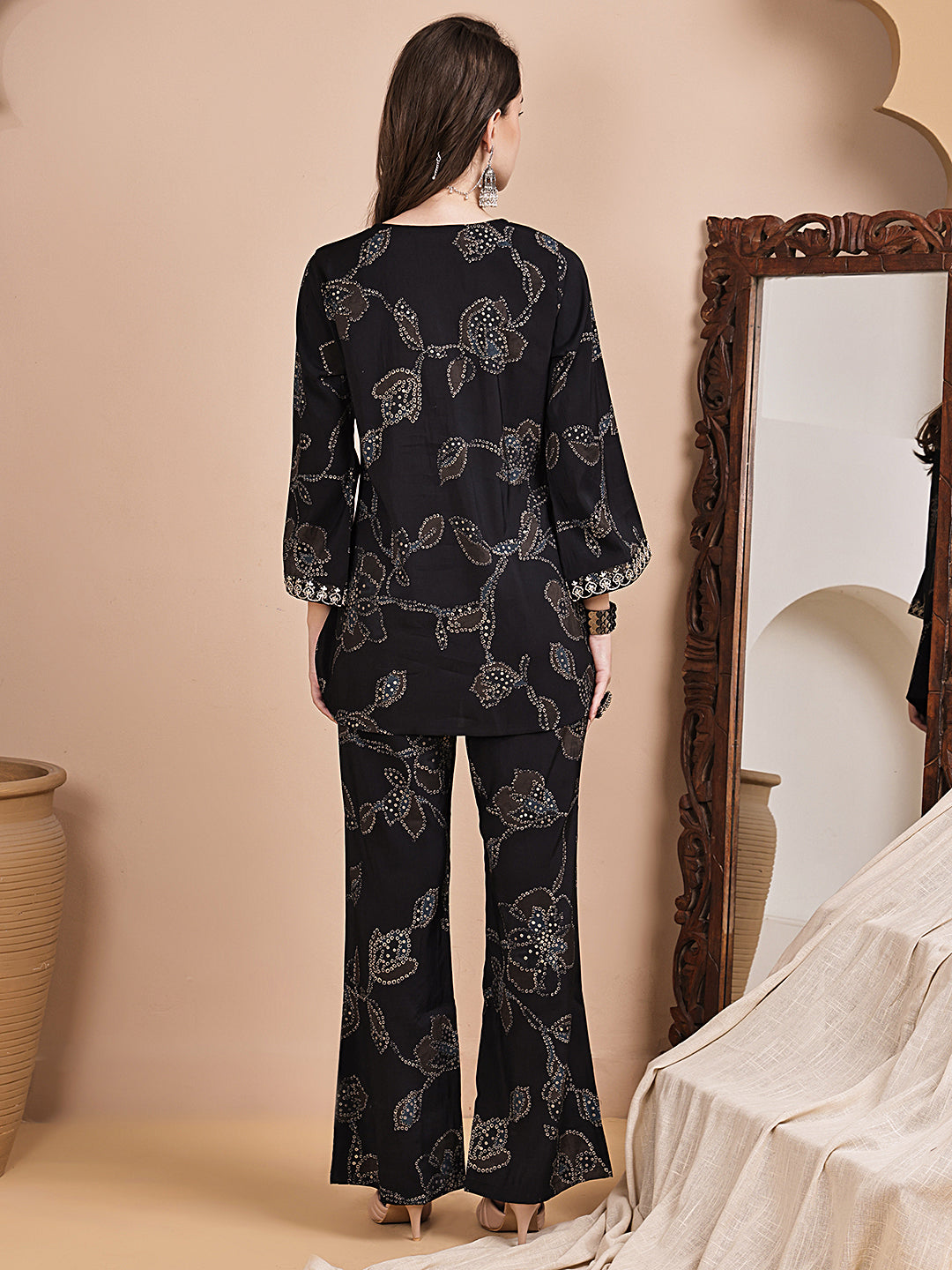 Black Abstract Printed Chanderi Silk Co-Ord Set for Women | Claura