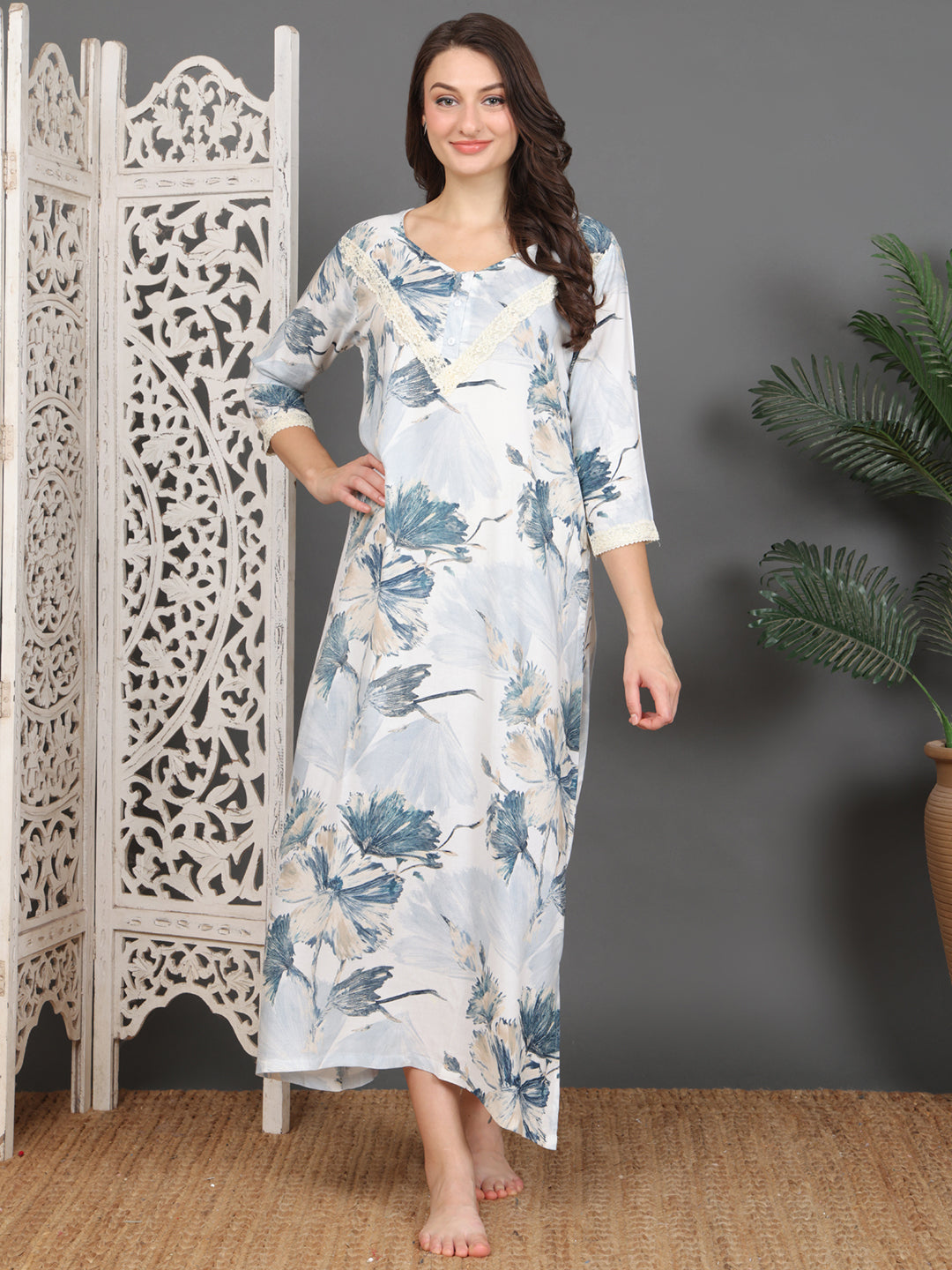 Blue Floral Printed Viscose Rayon Nighty For Women | Claura