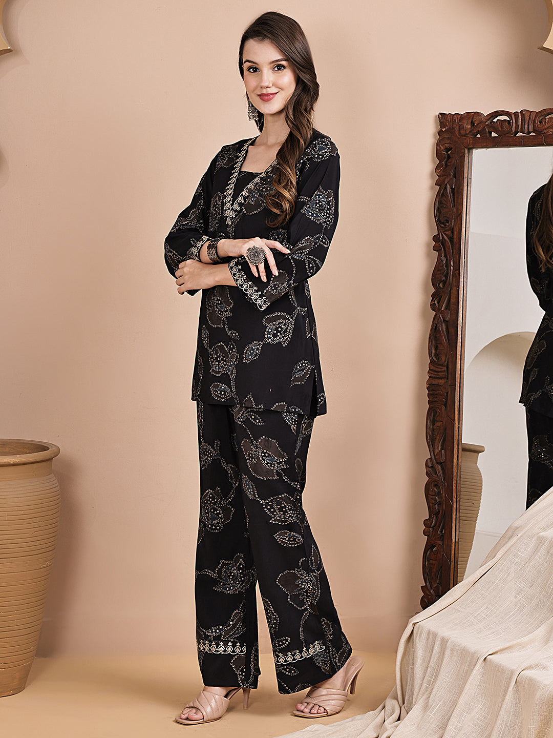 Black Abstract Printed Chanderi Silk Co-Ord Set for Women | Claura