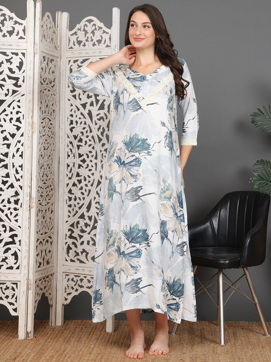 Blue Floral Printed Viscose Rayon Nighty For Women | Claura