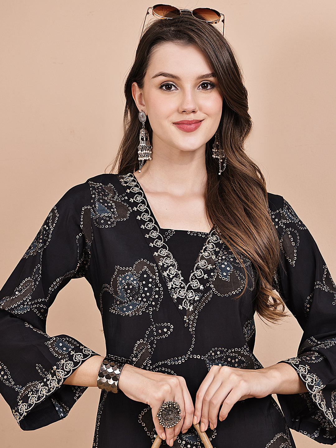 Black Abstract Printed Chanderi Silk Co-Ord Set for Women | Claura