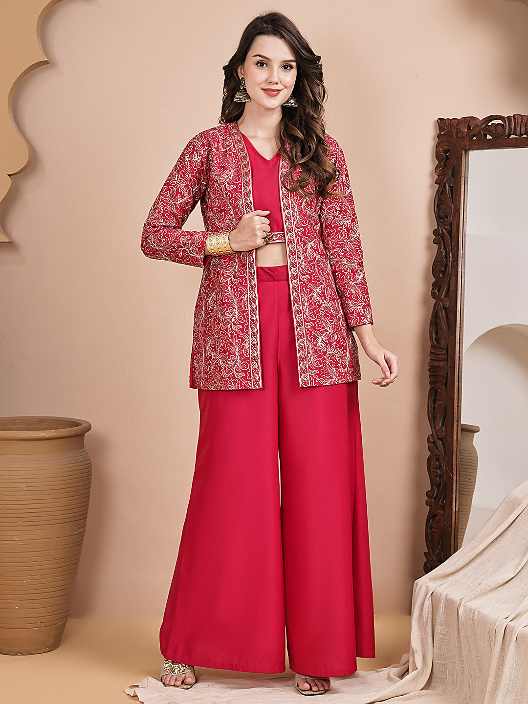 Lifestyle shot of pink embroidered ethnic co-ord set