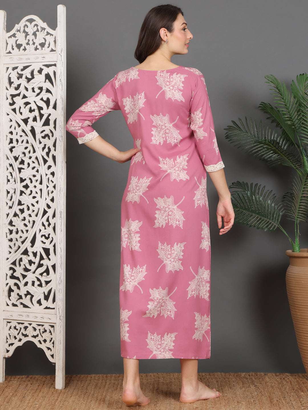 Pink Abstract Printed Viscose Rayon Nighty For Women | Claura