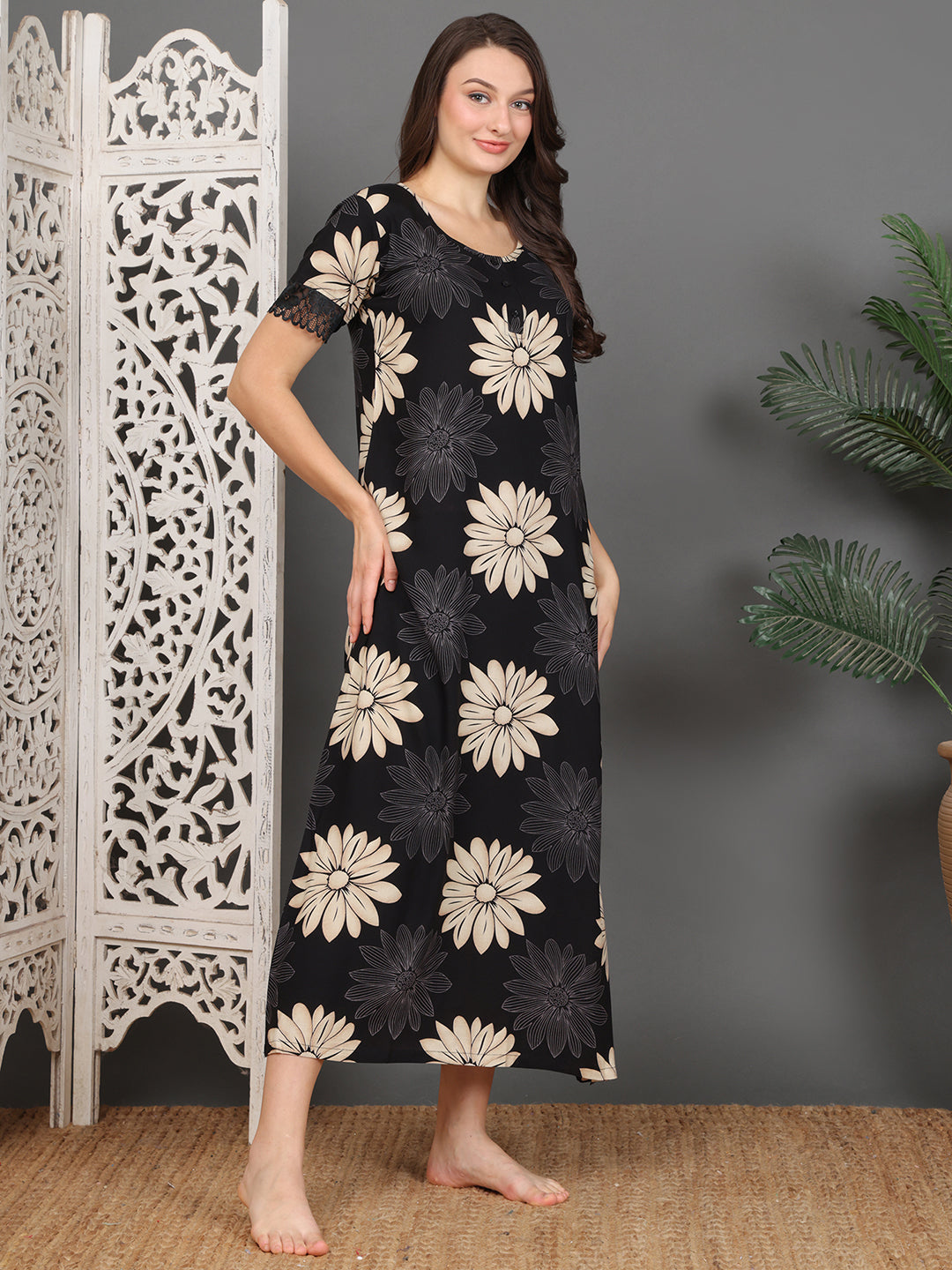 Black Floral Printed Viscose Rayon Nighty For Women | Claura