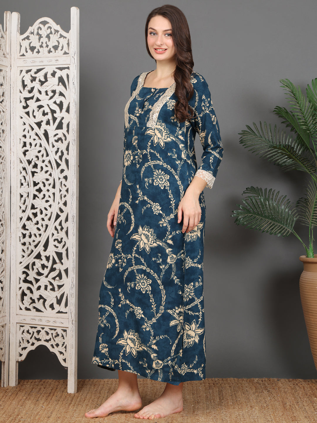 Navy Blue Abstract Printed Viscose Rayon Nighty For Women | Claura