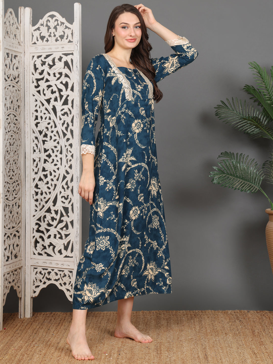 Navy Blue Abstract Printed Viscose Rayon Nighty For Women | Claura