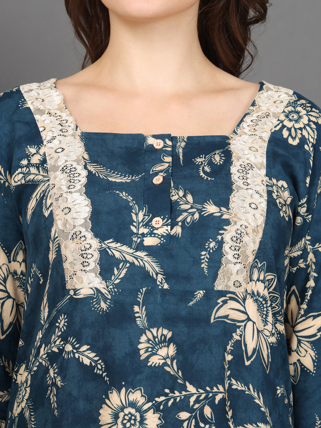 Navy Blue Abstract Printed Viscose Rayon Nighty For Women | Claura