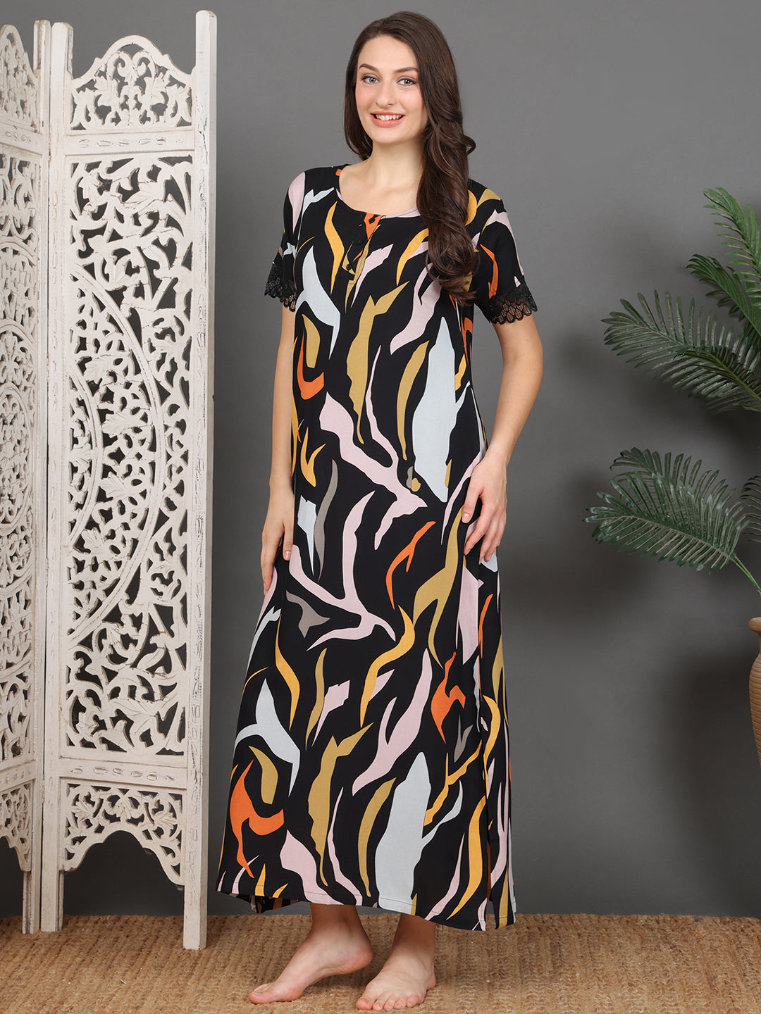 Black Abstract Printed Viscose Rayon Nighty For Women | Claura