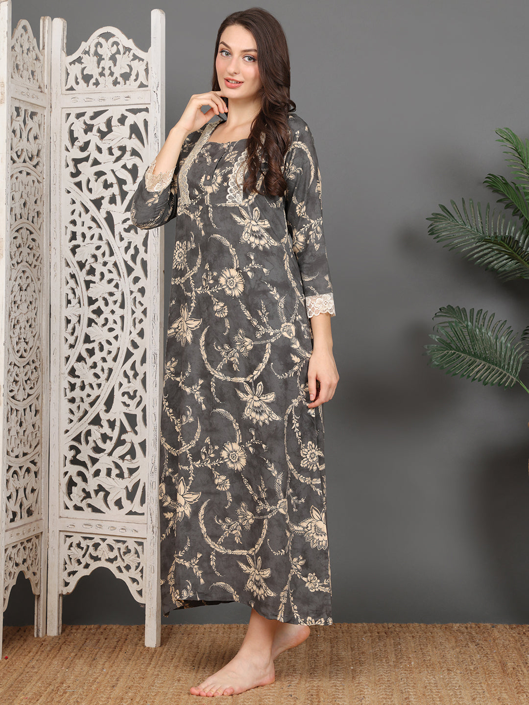 Grey Abstract Printed Viscose Rayon Square-Neck Nighty For Women | Claura