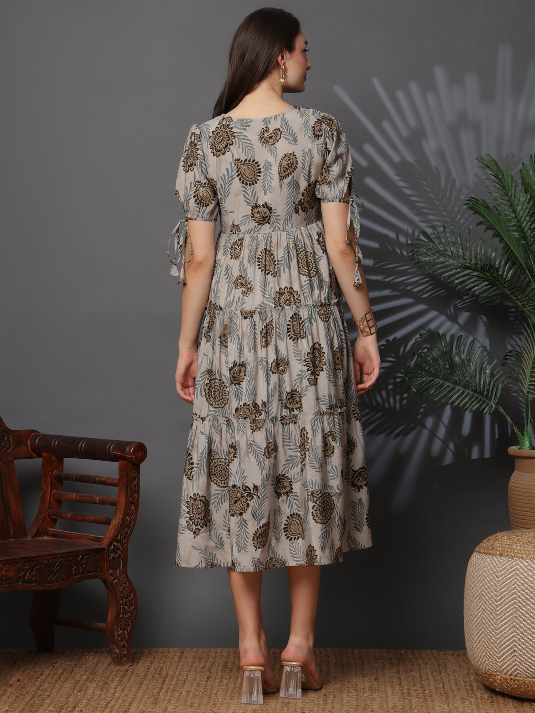 Back view of model in Grey Printed Dresses