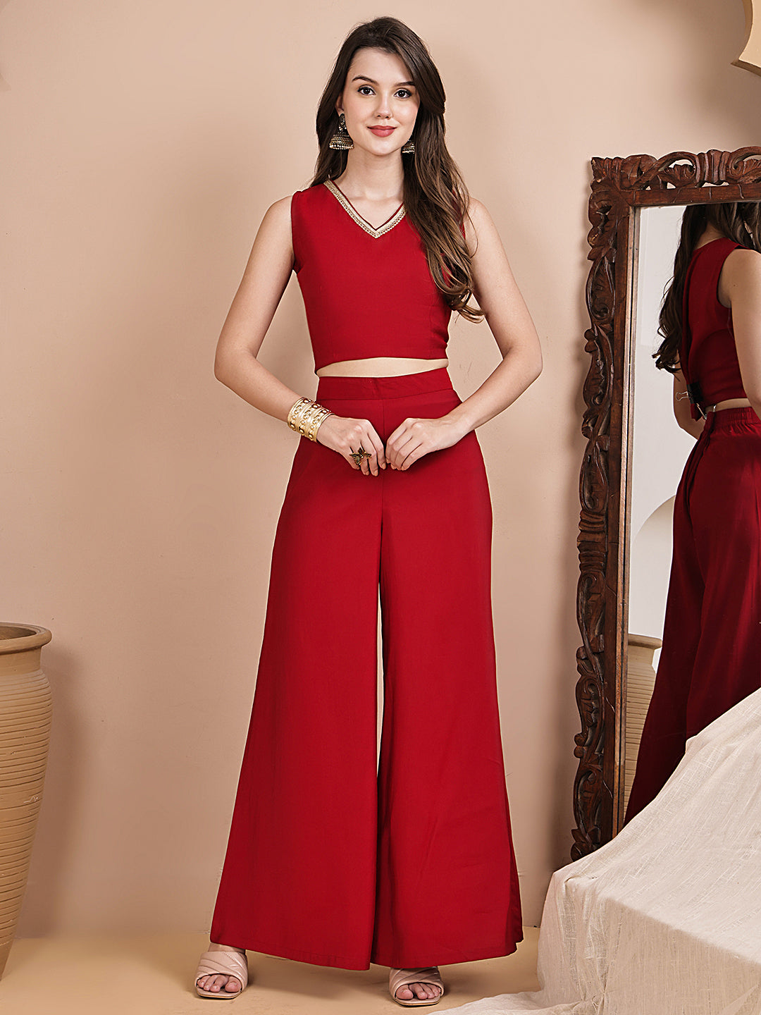 Woman wearing red ethnic printed Co-Ord Set