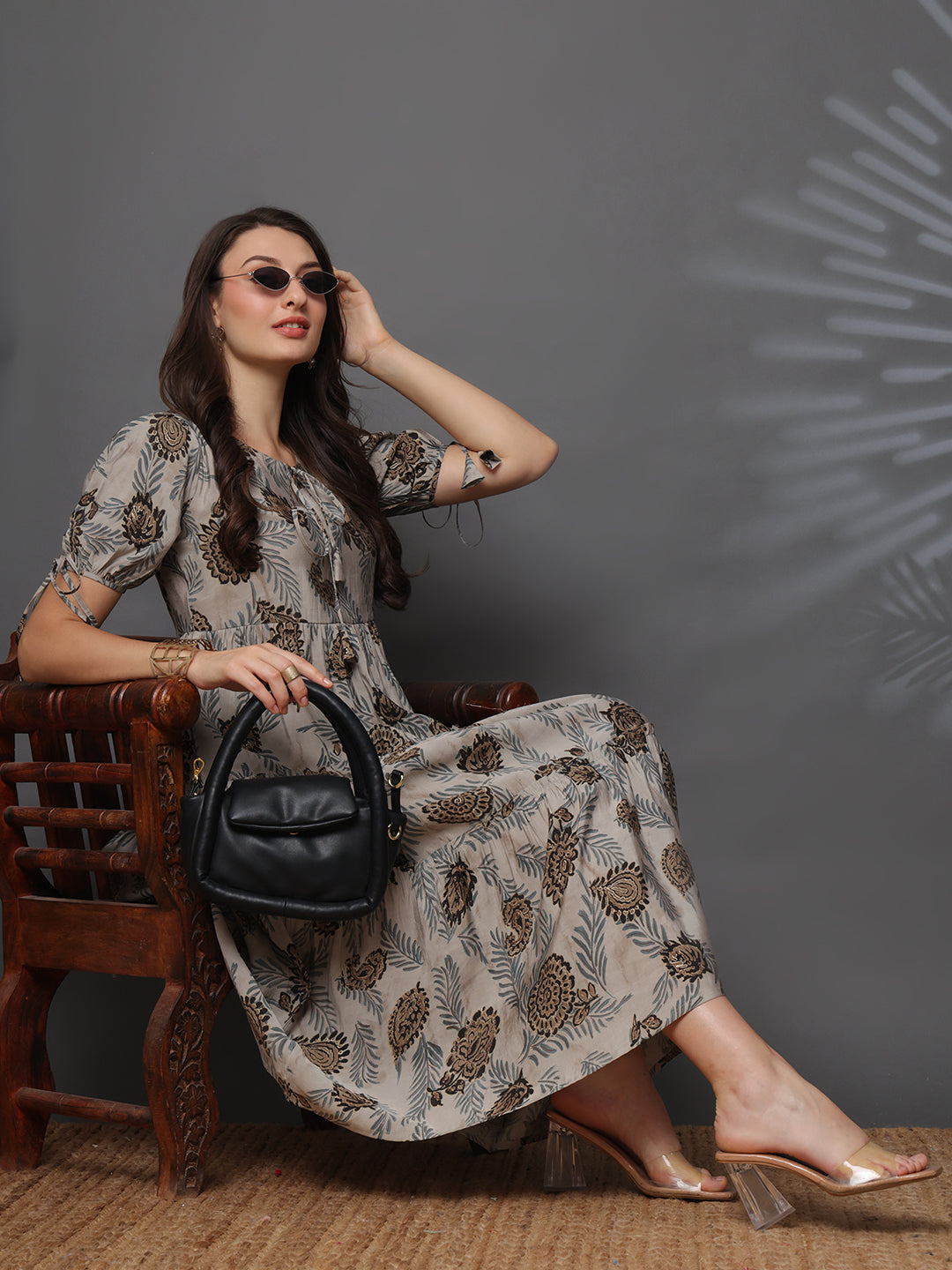 Close-up of Floral Print on Grey Dresses for Women