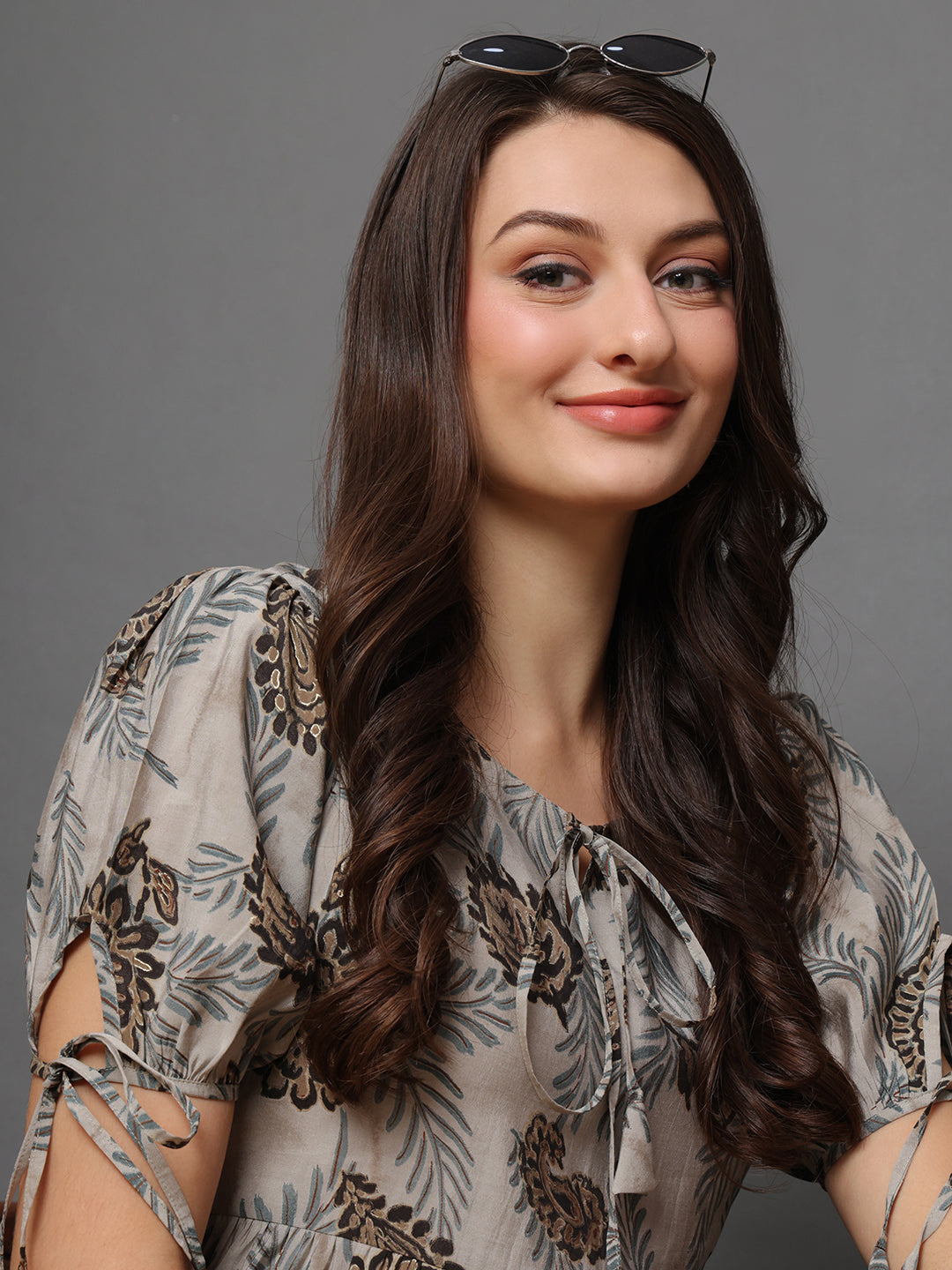 Grey Abstract Printed Premium Chanderi Dress for Women | Claura