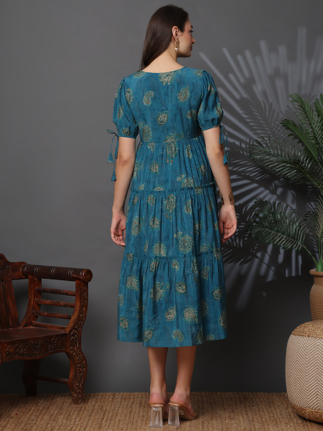 Back view of model in Abstract Printed Dresses