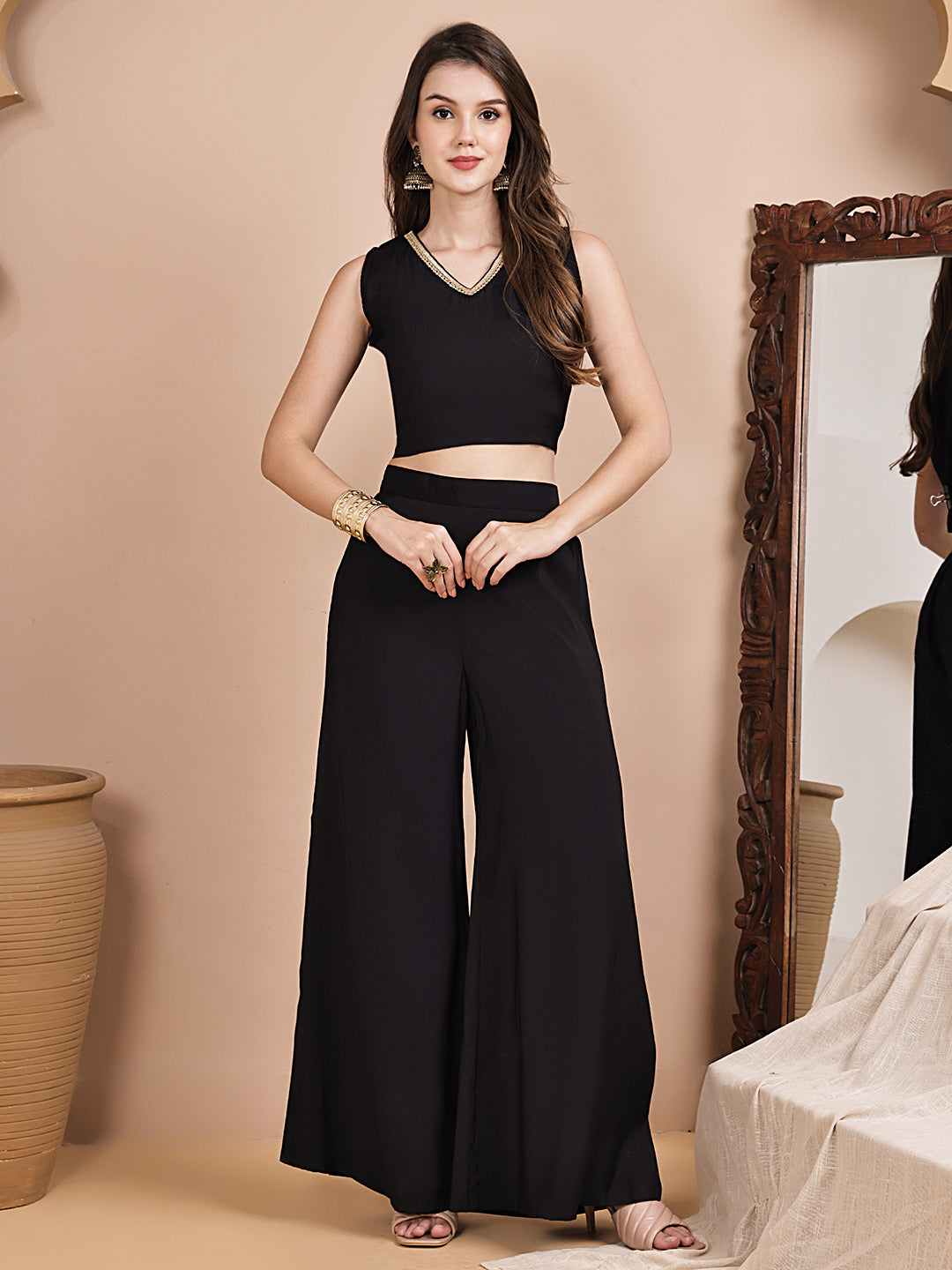 Black Ethnic Printed V-Neck Chanderi Silk Co-ord Set for Women