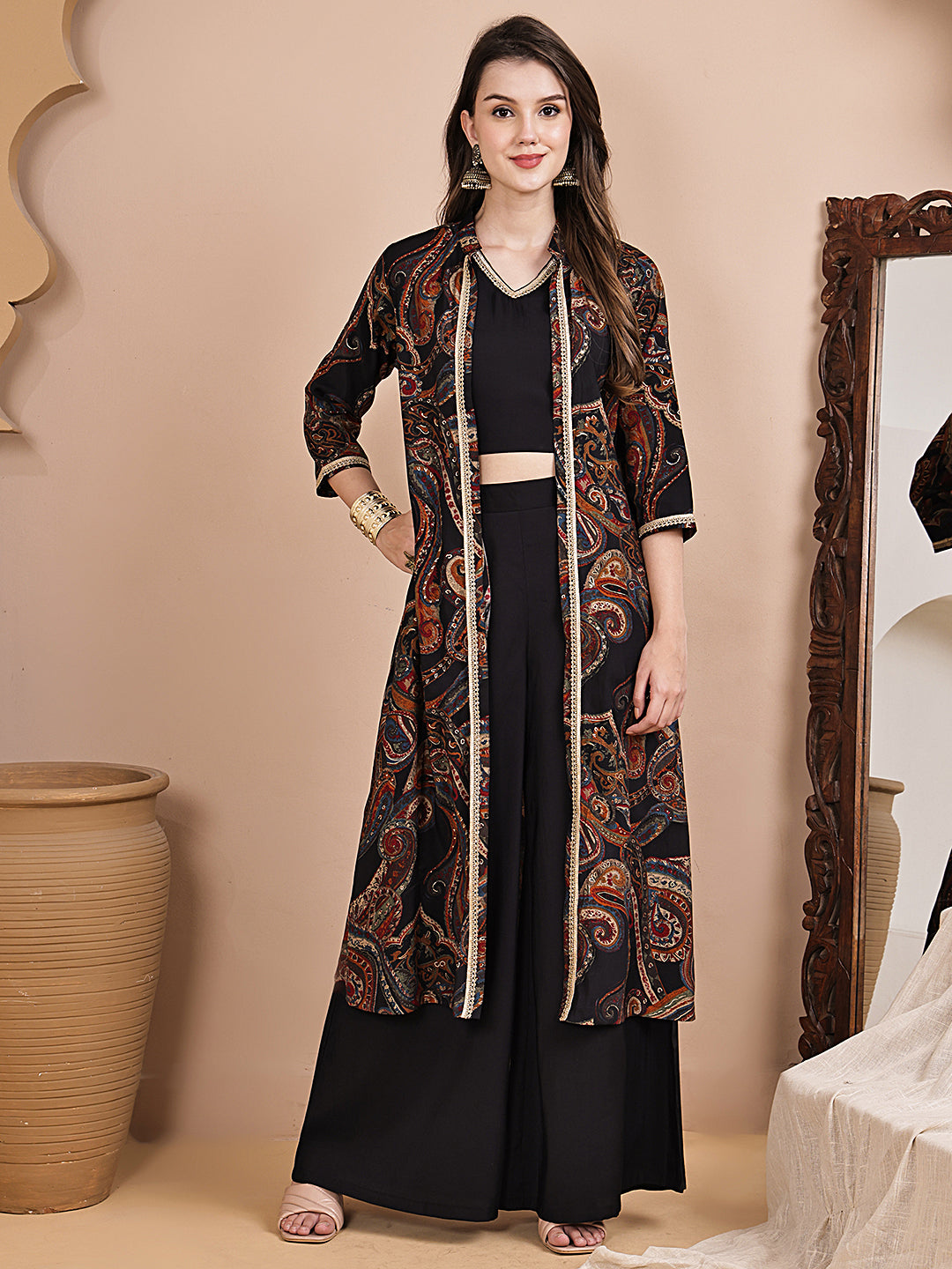 Black Ethnic Printed V-Neck Chanderi Silk Co-ord Set for Women