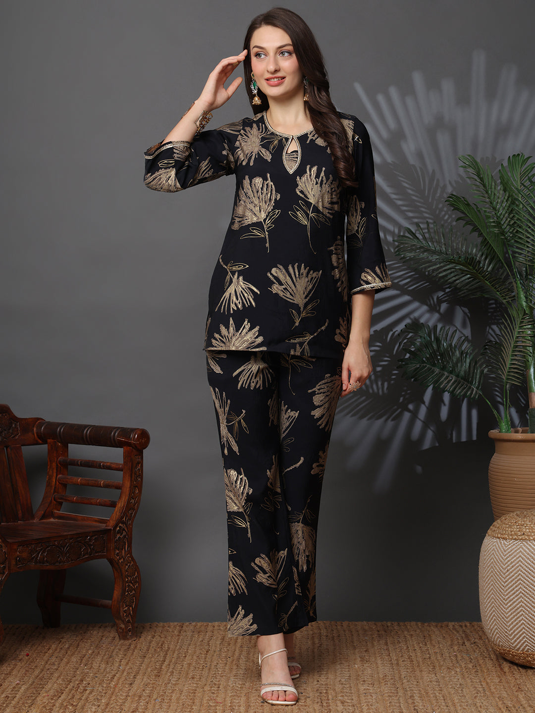 Black Co-Ord Set with straight pants and printed tunic top