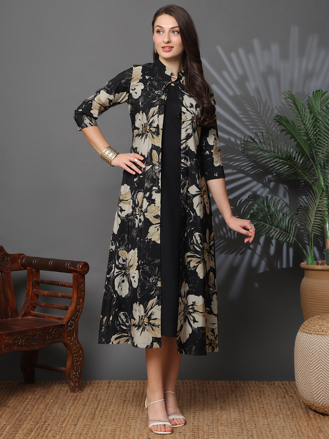Black Color Floral Printed Chanderi Silk Dress for Women | Claura