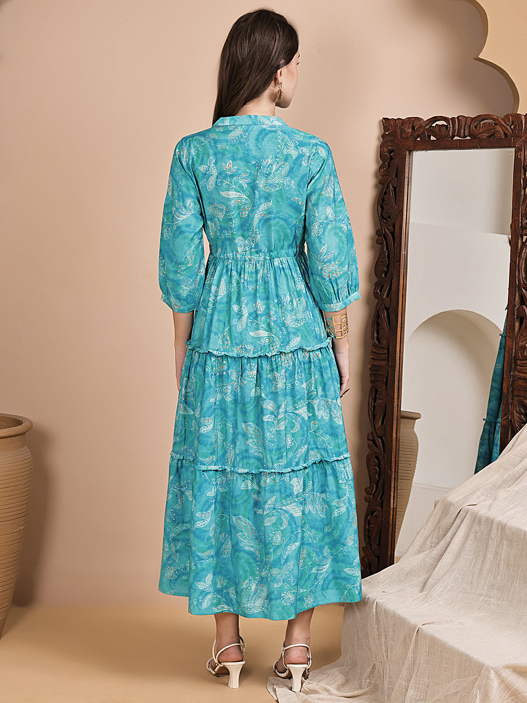 Blue Color Floral Printed Chanderi Silk Dress For Women