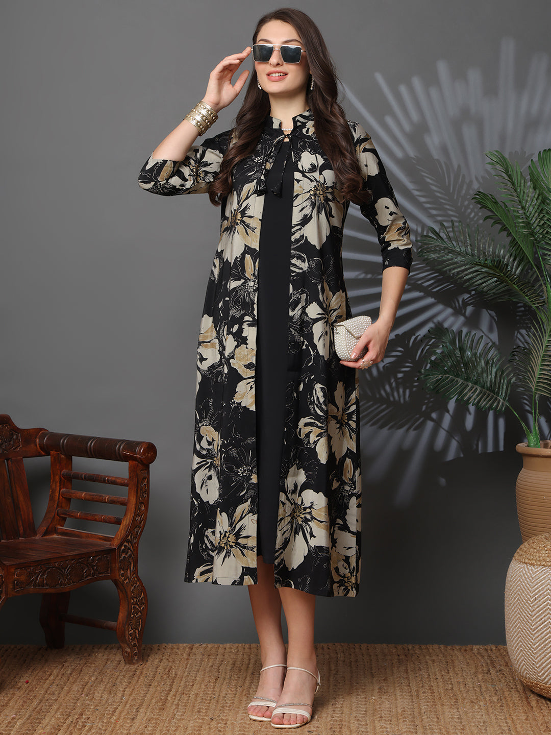 Black Color Floral Printed Chanderi Silk Dress for Women | Claura