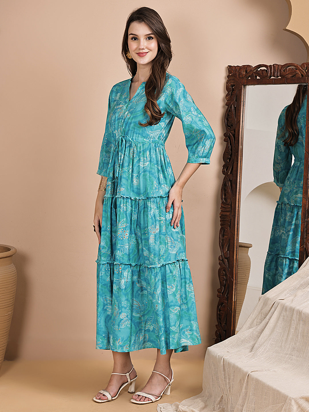 Blue Color Floral Printed Chanderi Silk Dress For Women