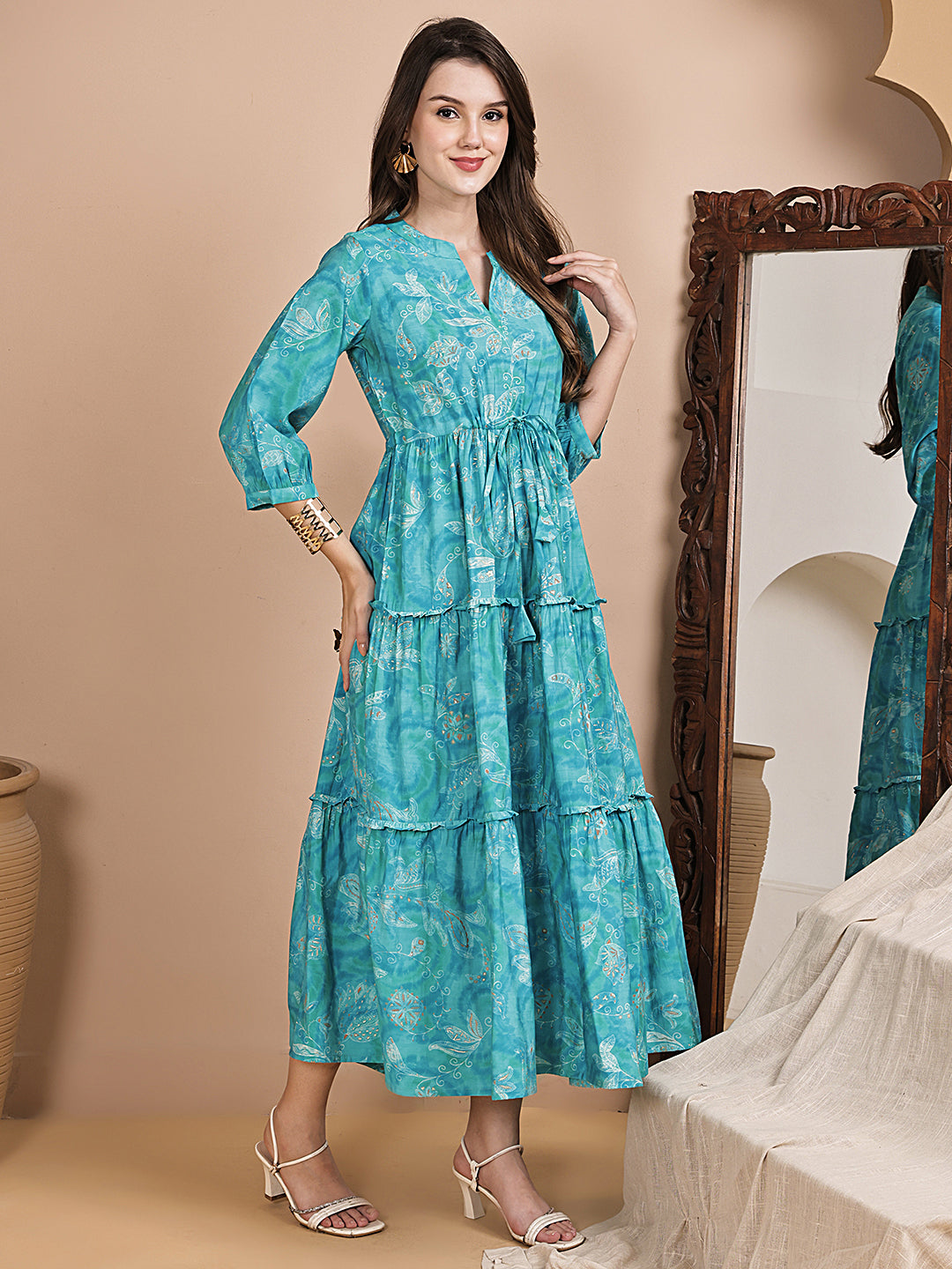 Blue Color Floral Printed Chanderi Silk Dress For Women