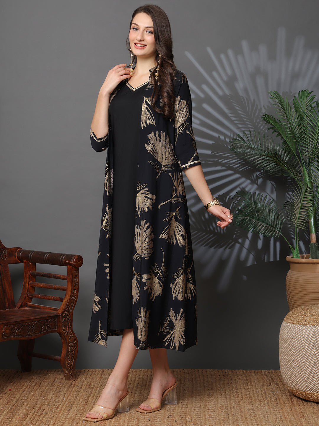 Black Chanderi Silk Floral Printed Dress for Women | Claura