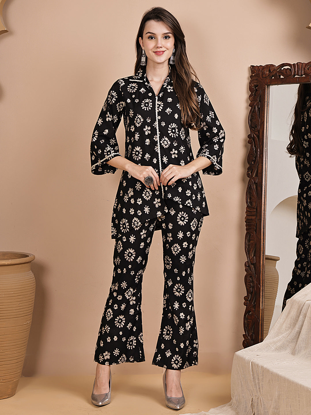 Black Floral Chanderi Co-Ord | Claura