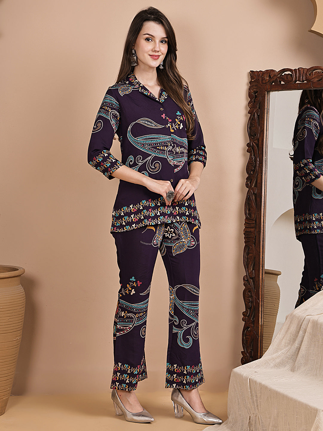 Purple Abstract Printed Chanderi Silk Tunic & Trousers Co-Ord Set for Women | Claura