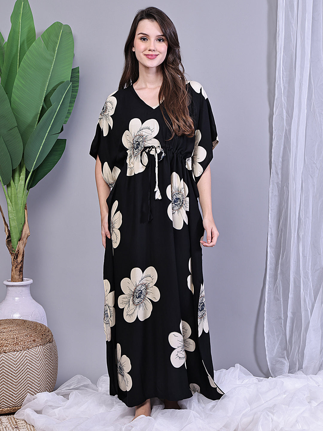 Black floral Kaftan Dress with V-neck design