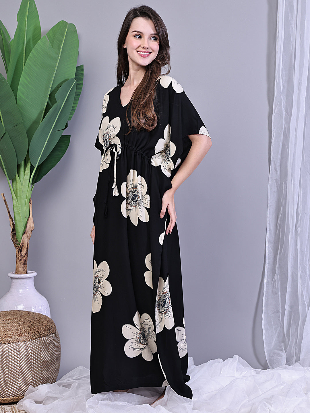 Black Color Floral Printed V-Neck Viscose Rayon Kaftan For Women