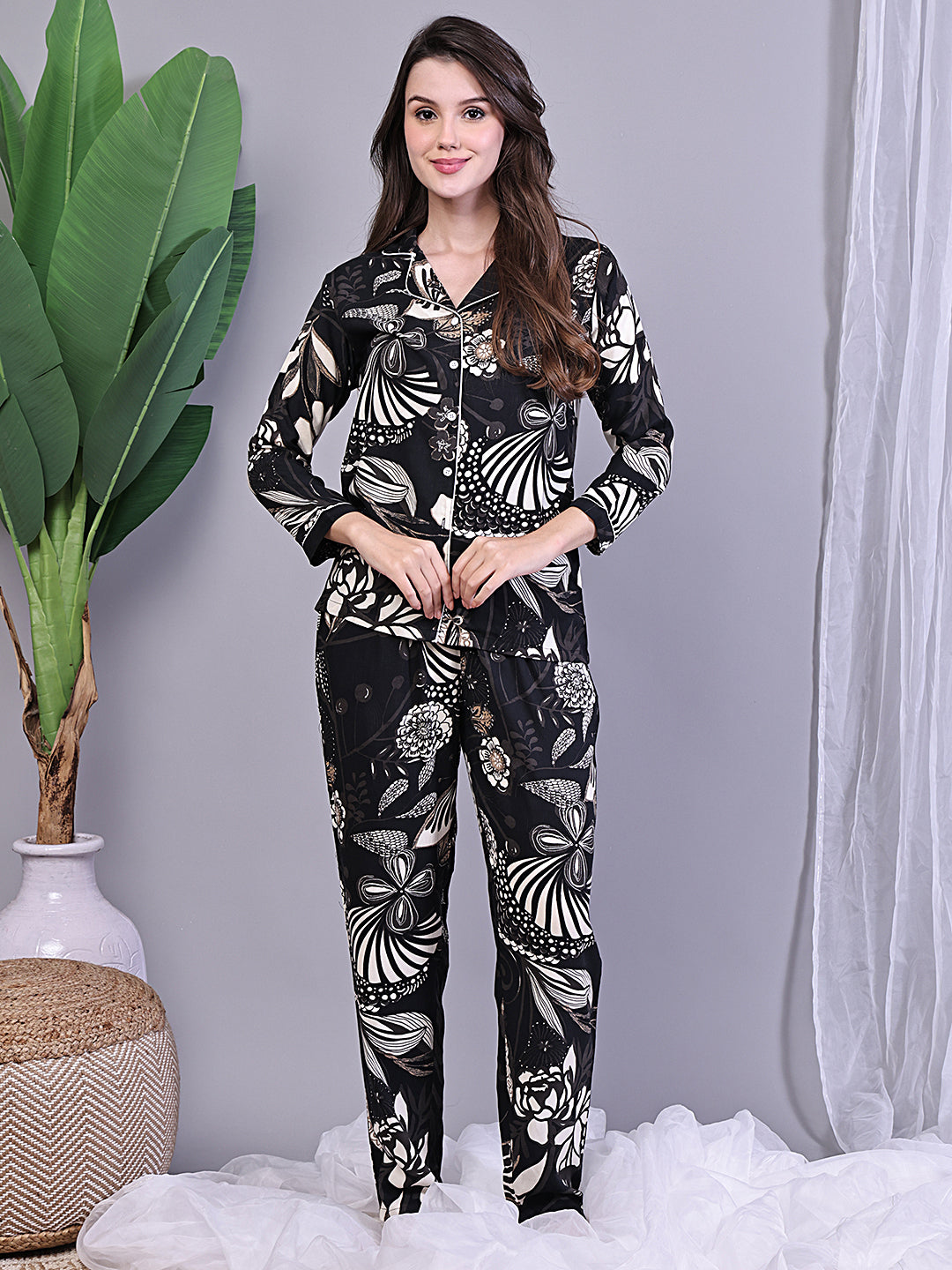 Woman wearing Black Floral Printed Night Suit