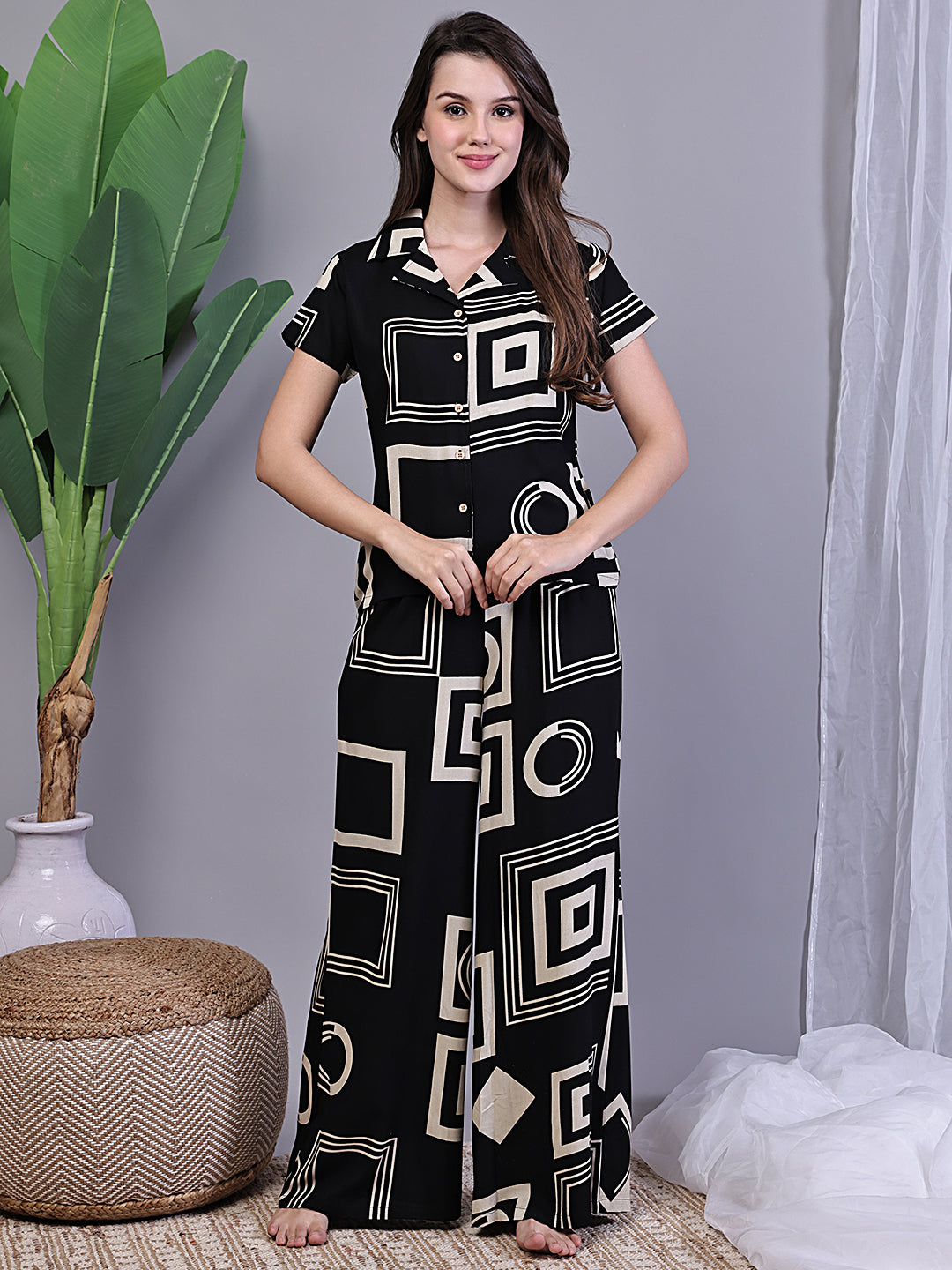 Woman wearing Black Abstract Print Night Suit