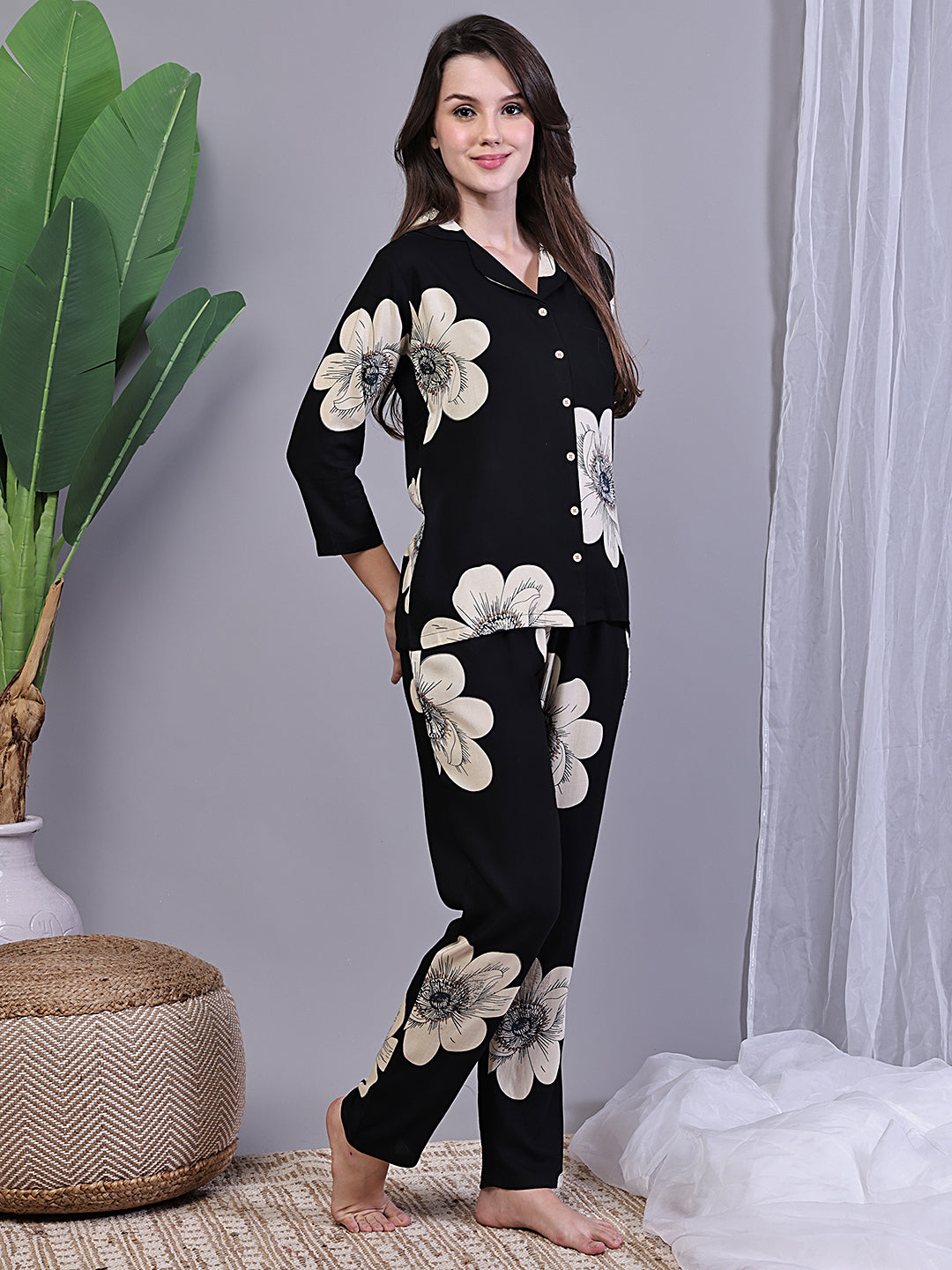 Black Rayon Night Suit with short sleeves and pants