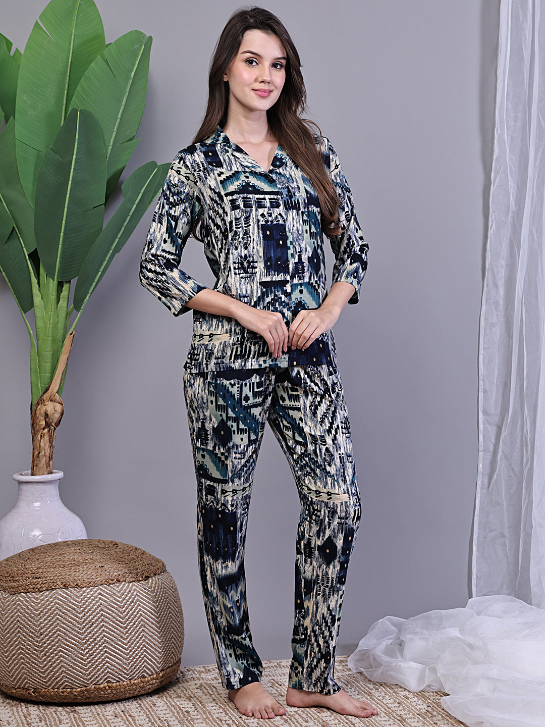 Blue Viscose Rayon Night Suit with short sleeves and pants