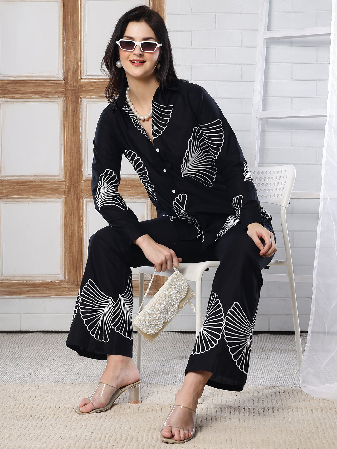Black Embroidered Shirt Collar Co-ord Set | Claura