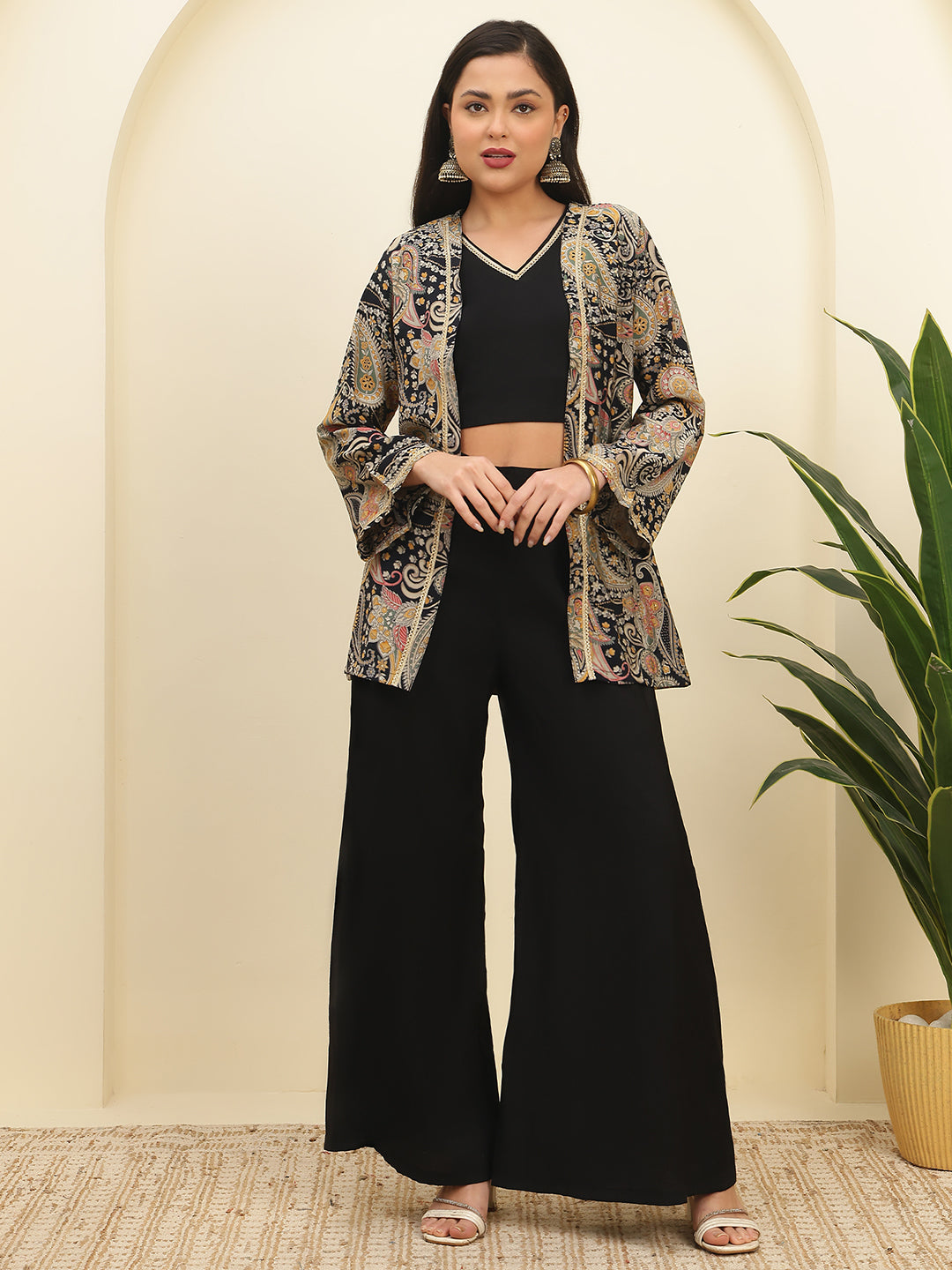 Black Ethnic Chanderi Silk Co-Ord Set for Women With Jacket | Claura