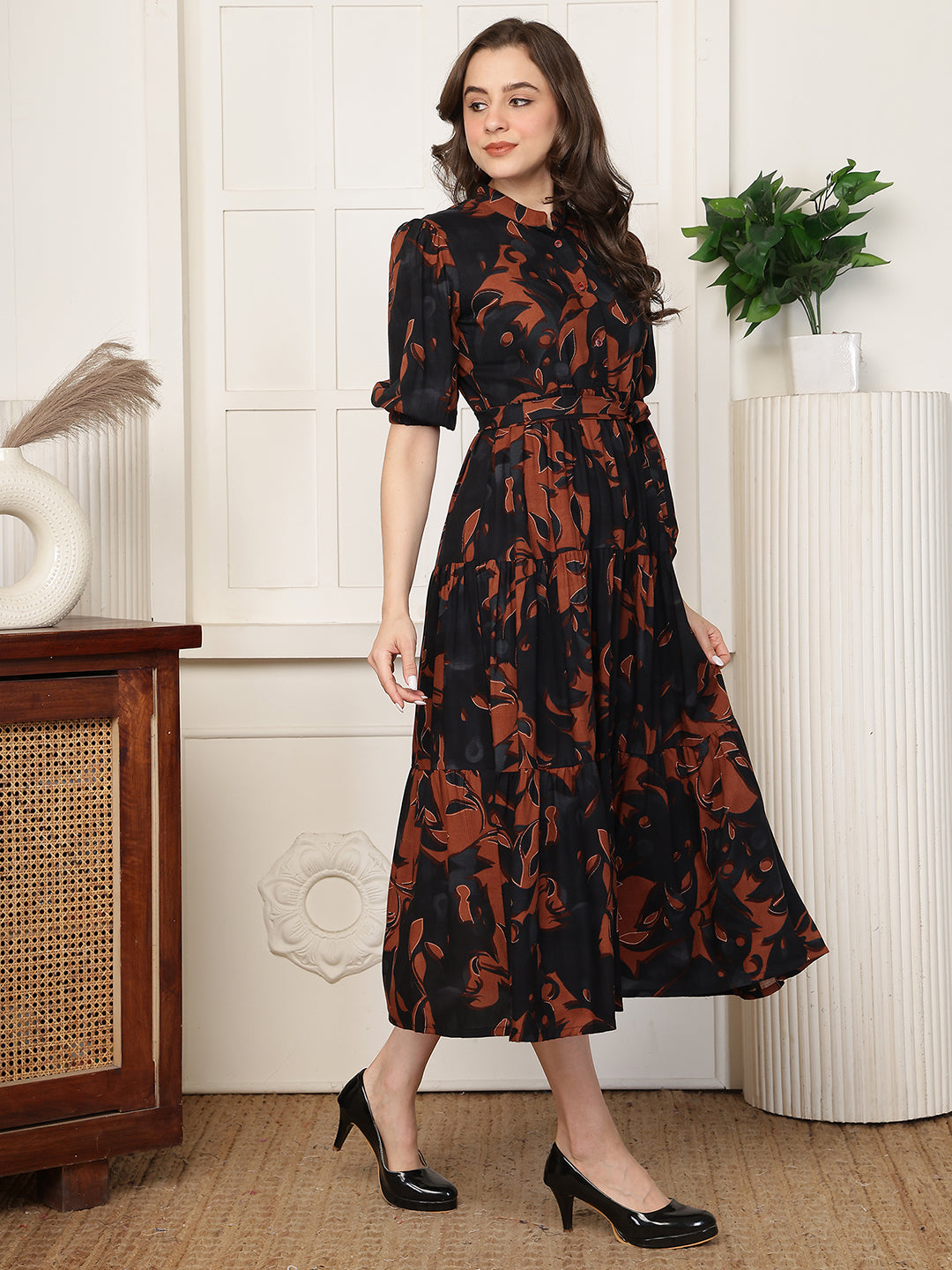 Black Abstract Print Cotton Mandarin Collar A-Line Midi Dress | Claura