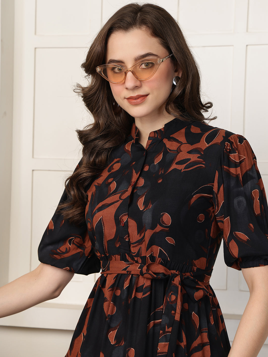 Black Abstract Print Cotton Mandarin Collar A-Line Midi Dress | Claura