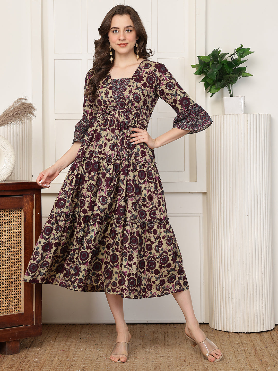 Maroon Floral Print Flared Sleeve A-Line Midi Dress | Claura