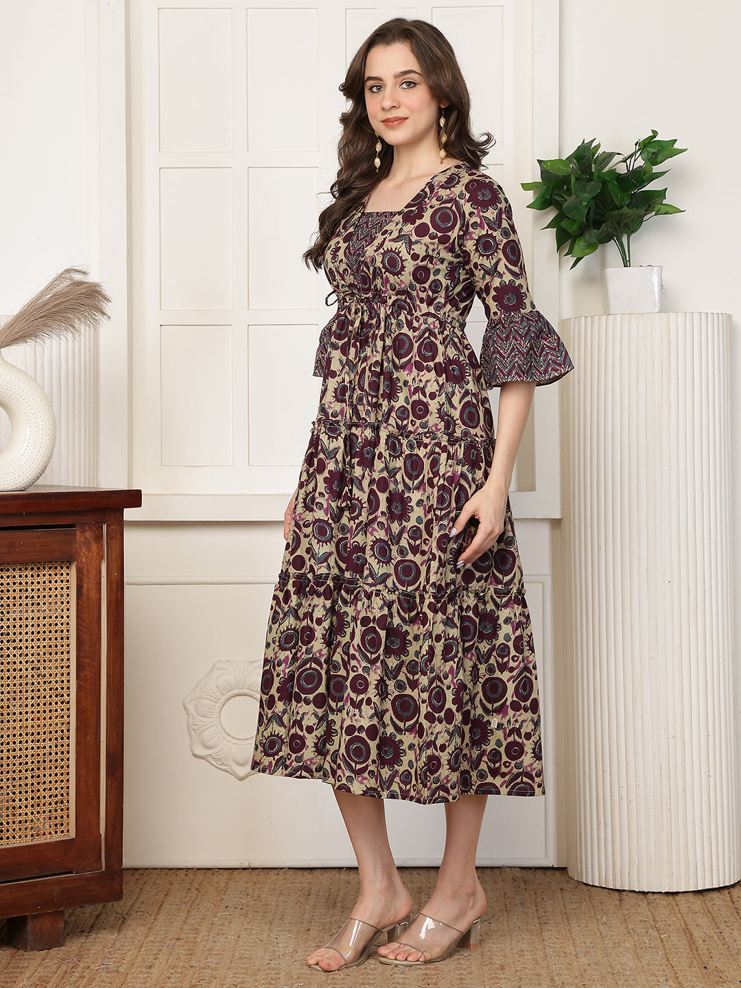 Maroon Floral Print Flared Sleeve A-Line Midi Dress | Claura
