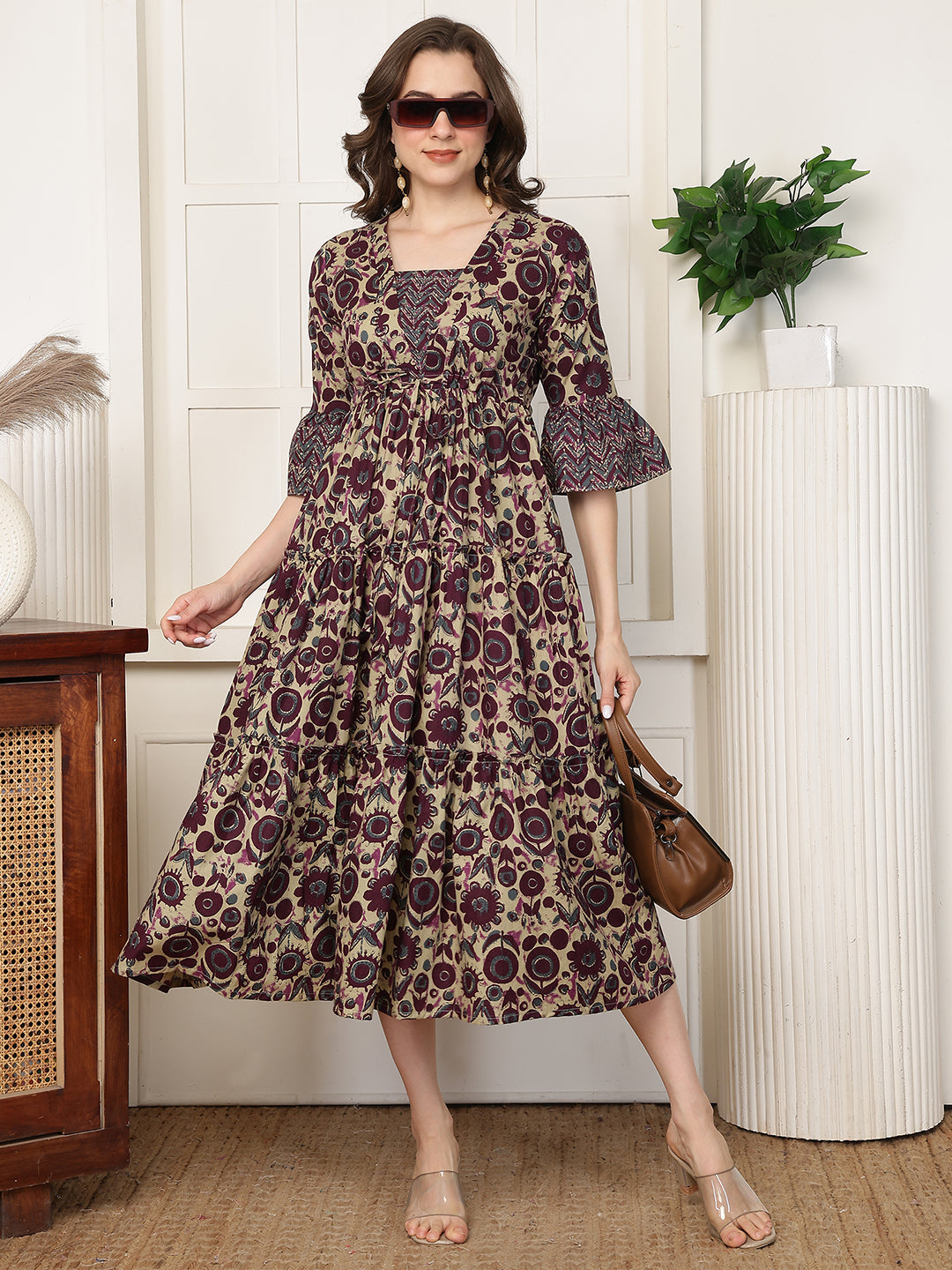 Maroon Floral Print Flared Sleeve A-Line Midi Dress | Claura