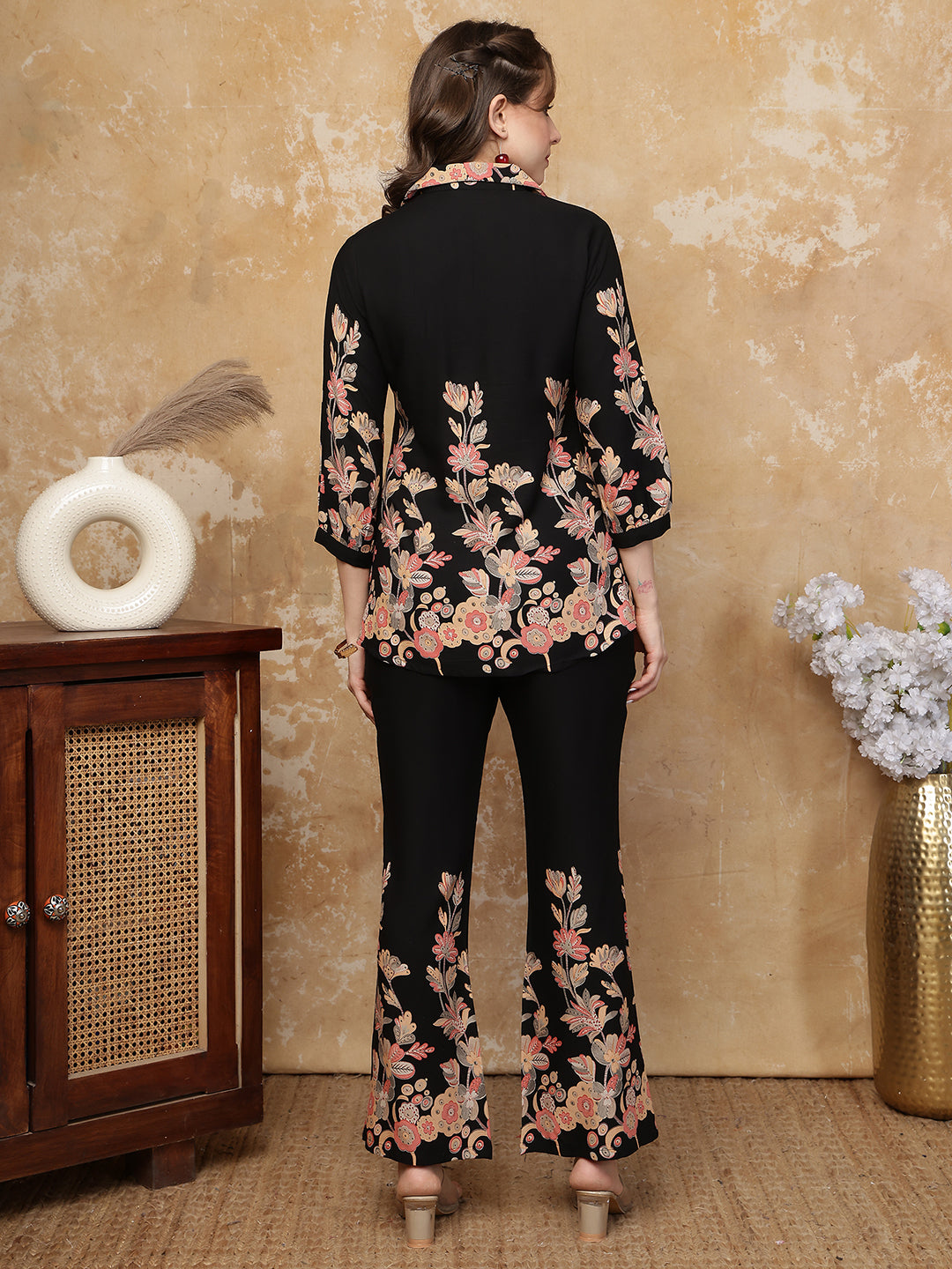 Black Floral Print Top with Flared Trousers Co-ord Set | Claura