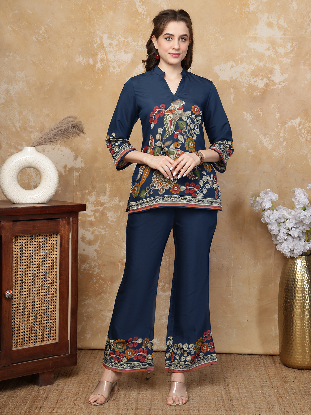 Navy Blue Bohemian Bird & Floral Printed Silk Tunic with Printed Palazzos | Claura