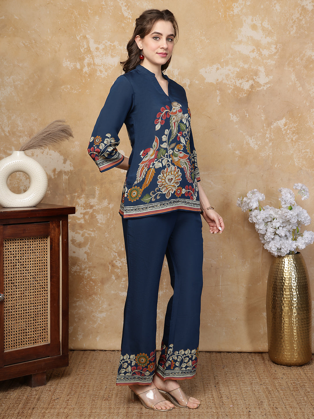 Navy Blue Bohemian Bird & Floral Printed Silk Tunic with Printed Palazzos | Claura