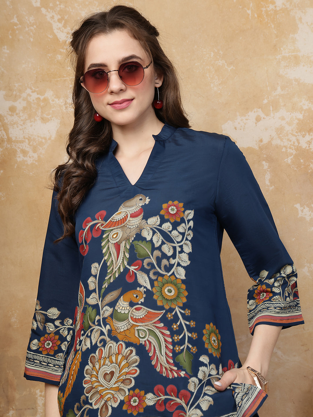 Navy Blue Bohemian Bird & Floral Printed Silk Tunic with Printed Palazzos | Claura