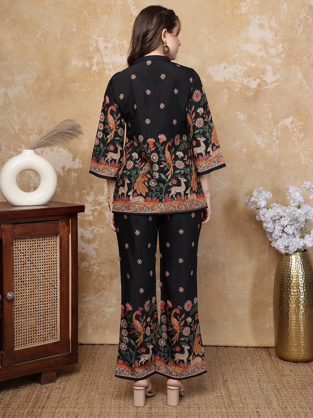Black Peacock Printed Tunic with Printed Palazzos | Claura