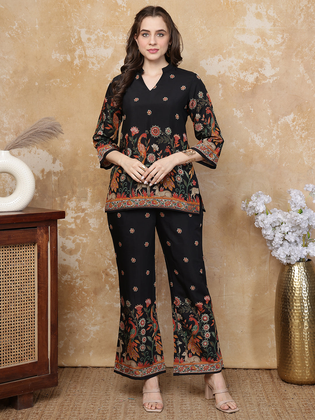 Black Peacock Printed Tunic with Printed Palazzos | Claura