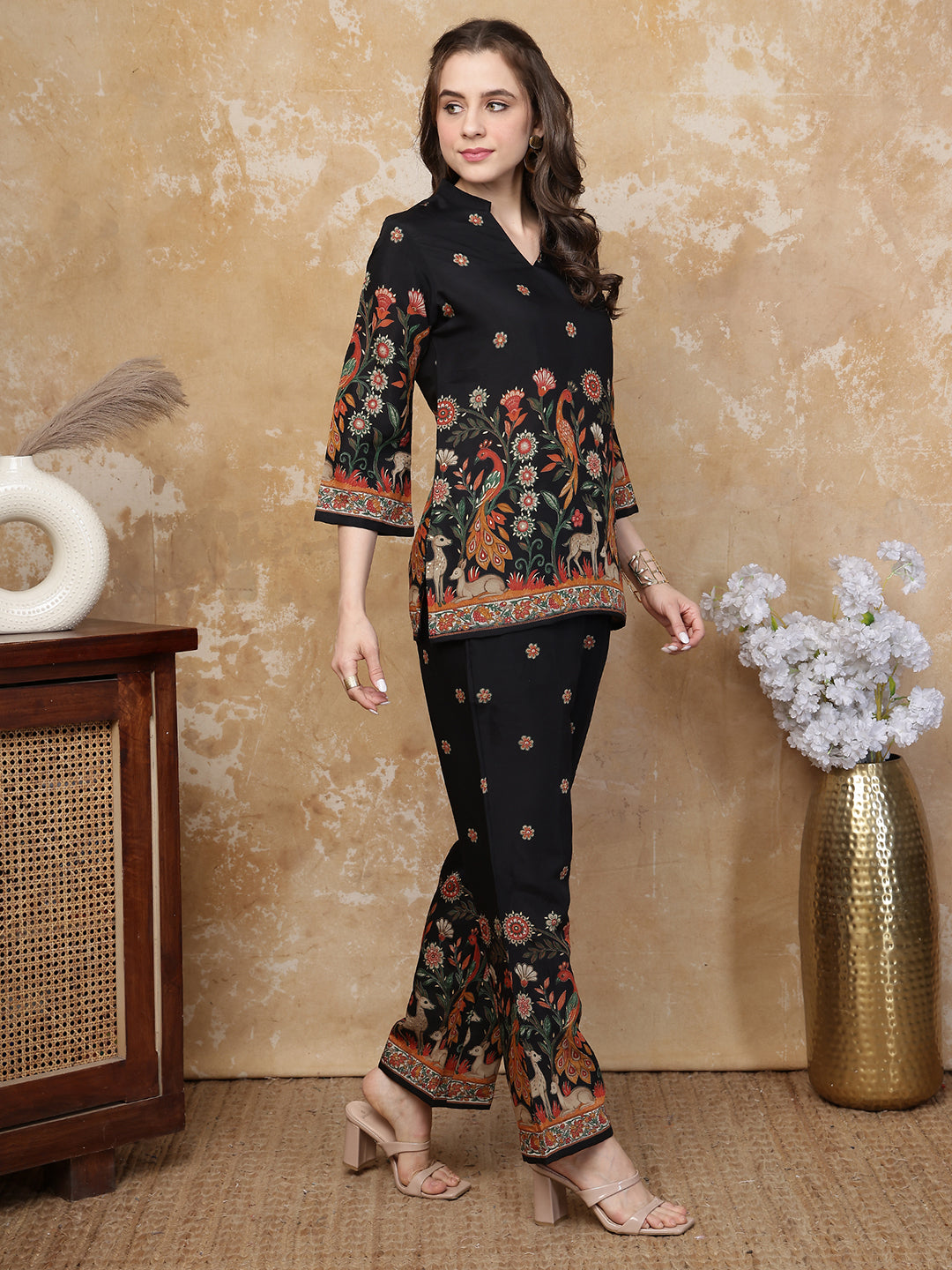 Black Peacock Printed Tunic with Printed Palazzos | Claura