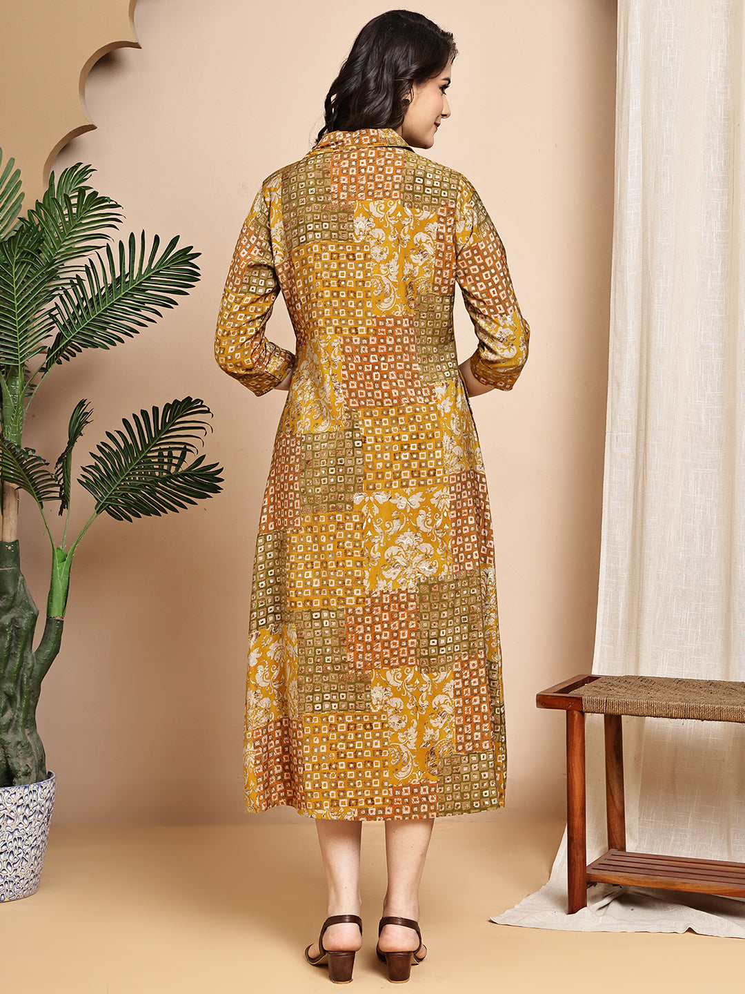 Mustard Colour Abstract Printed Premium Chanderi Dress For Women